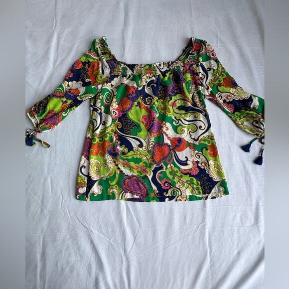 Trina Turk Off Shoulder Silk Blend Small Top Tassel Paisley boho maximalist - Picture 3 of 13